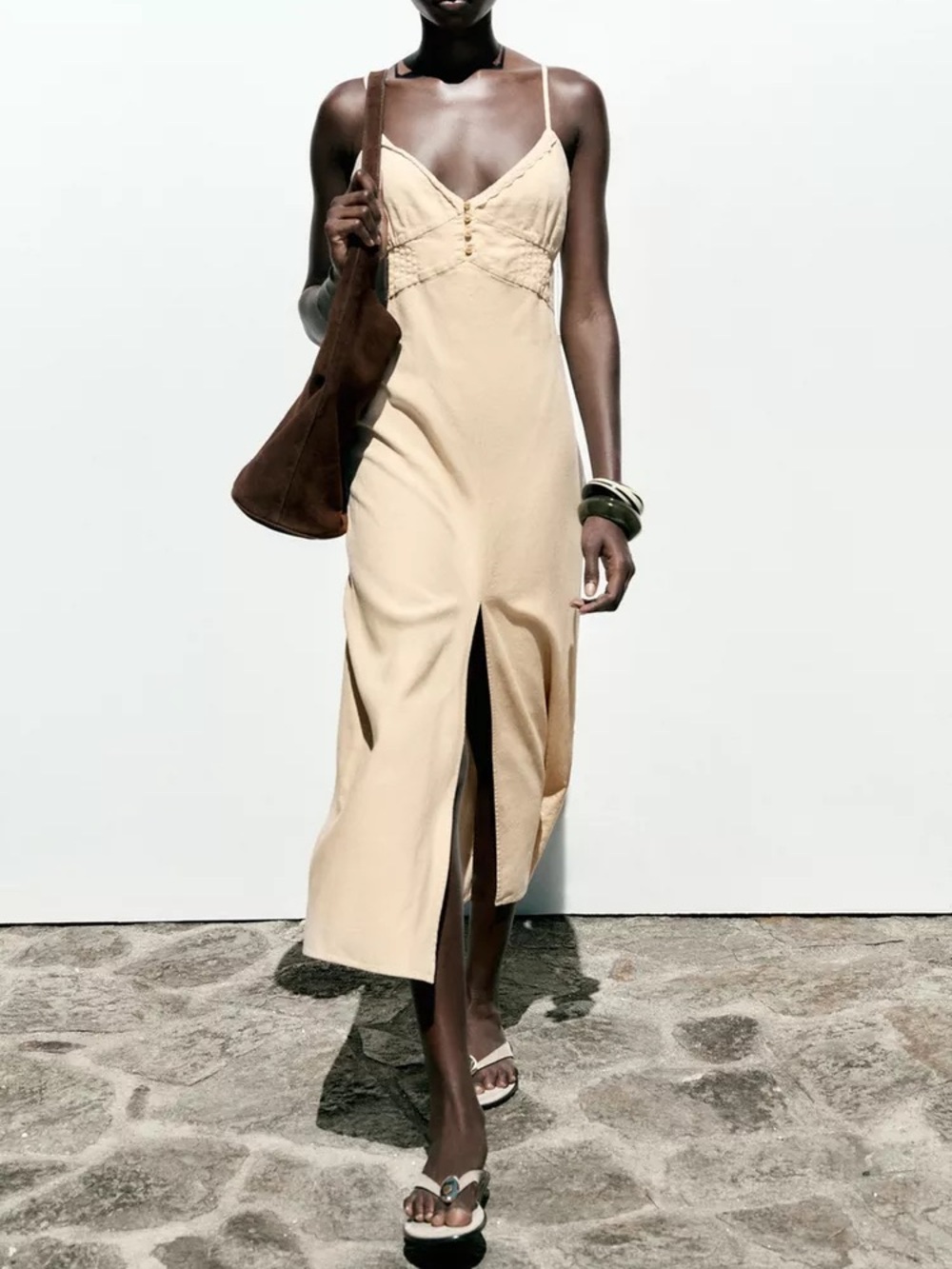 Zara NWT Linen Blend Beige Front Slit Midi Slip Dress Sz M